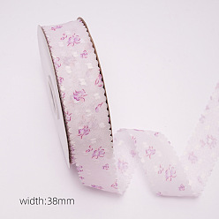 Plum 10 Yards Flower Pattern Organza Ribbons, Garment Accessories, Gift Packaging, Plum, 1-1/2 inch(38mm), about 10 Yards(9.14m)/Roll