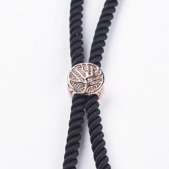 Real Rose Gold Plated Nylon Twisted Cord Bracelet Making, Slider Bracelet Making, with Brass Findings, Cadmium Free & Lead Free, Long-Lasting Plated, Tree of Life, Black, Real Rose Gold Plated, 210~220x2mm, Hole: 2mm