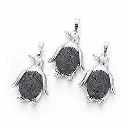 Лавовый камень Подвески из натуральной лавы, с латунной фурнитурой , пингвин, платина, 34~35x24~25x5~8 мм, отверстие : 8x5 мм