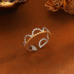 Crown Two Tone 304 Stainless Steel Cuff Open Rings for Women, Golden & Stainless Steel Color, Crown, US Size 4 1/4(15~20mm)
