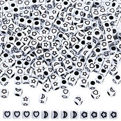 Белый 600 непрозрачные акриловые бусины, куб с луной/звездой/сердцем, белые, 6x6x6 мм, отверстие : 3 мм