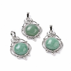 Зеленый Авантюрин Естественный зеленый авантюрин подвески, полукруглые прелести, с реечным покрытием из латуни платинового тона планета, 34x25x8 мм, отверстие : 8x5 мм