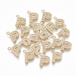 Letter P Brass Cubic Zirconia Charms, Letter, Clear, Real 18K Gold Plated, Letter.P, 10x8x1.5mm, Hole: 1mm