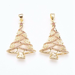 Золотой Латунные микро проложить кубического циркония подвески, без свинца и без кадмия, рождественская елка, оранжево-красный, золотые, 35x24x4 мм, отверстие : 3.5x5 мм