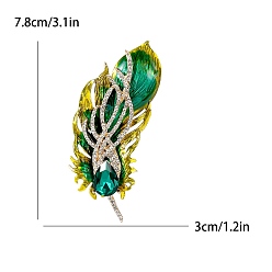 Green Alloy with Rhinestone Brooches, Feather, Green, 78x30mm