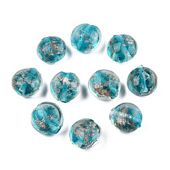 Dark Turquoise Handmade Gold Sand Lampwork Beads, Flat Round, Dark Turquoise, 12x8mm