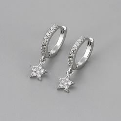 Platinum Brass Micro Pave Clear Cubic Zirconia Hoop Dangle Earrings, Star, Platinum, 19.8x6.2mm