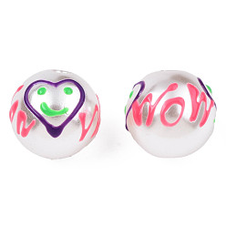 Indigo ABS Plastic Imitation Pearl Beads, with Enamel, Round with Heart & Word Wow, Indigo, 12x11mm, Hole: 2mm