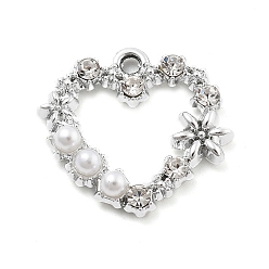 Платина Подвески из сплава и страза, с пластмассовой жемчужиной abs, УФ-покрытием, сердце, платина, 19.5x20.5x4 мм, отверстие : 1.8 мм