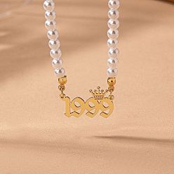 Number Женские ожерелья из круглого белого бисера с имитацией жемчуга и подвеской в виде короны в виде года рождения, золотые, число 1999, 14.96 дюйм (38 см)