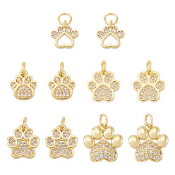 Real 18K Gold Plated 10Pcs 5 Styles Rack Plating Brass Micro Pave Cubic Zirconia Charms, with Jump Ring, Long-Lasting Plated, Cadmium Free & Lead Free, Dog's Paw Print Charm, Real 18K Gold Plated, 11~15x9.5~14.5x2~3mm, Hole: 3~3.5mm, 2pcs/style