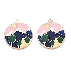 Pink Стойки обшивки сплава эмали подвески, без кадмия, без никеля и без свинца, золотой свет, плоский круглый с пейзажным очарованием, розовые, 30x27x2.5 мм, отверстие : 1.8 мм