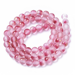 Camellia Frosted Spray Painted Glass Beads Strands, with Golden Foil, Round, Camellia, 6~7mm, Hole: 1.2~1.5mm, about 65~67pcs/Strand, 14.76 inch~15.12 inch(37.5~38.4cm)