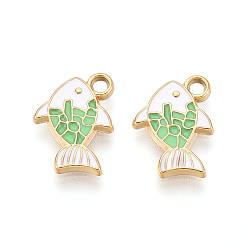 Светло-зеленый 304 нержавеющей стальной эмали подвески, рыбы прелести, ионное покрытие (ip), реальный 18 k позолоченный, светло-зеленый, 14x10x1.5 мм, отверстие : 1.6~1.8 мм