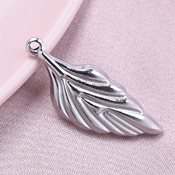 Stainless Steel Color Non-Tarnish 304 Stainless Steel Pendants, Leaf Charm, Stainless Steel Color, 27.5x10x2.8mm, Hole: 1.5mm