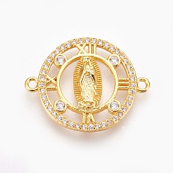 Chapado en Oro Real 18K Micro latón allanan enlaces de circonio cúbico, sin plomo, cadmio, níquel, larga duración plateado, plano y redondo con virgen maría, Claro, real 18 k chapado en oro, 24x19x3 mm, agujero: 1.2 mm