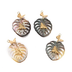 Golden Natural Black Lip Shell Pendants, Butterfly with Leaf Charm, with Ion Plating(IP) 304 Stainless Steel Findings, Golden, 36.5mm, Leaf: 30.5x27x4mm, Butterfly: 9x10.5x2.5mm, Hole: 2.4mm