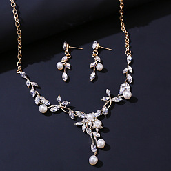 Кристалл Комплекты из ожерелий с подвесками из сплава листьев, страз и пластикового жемчуга и серег-гвоздиков, кристалл, 480 мм