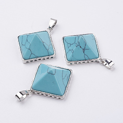 Синтетическая Бирюза Синтетические бирюзовые подвески, с латунной найти, пирамида, платина, 28.5x32x13 мм, отверстие : 3.5x6 мм