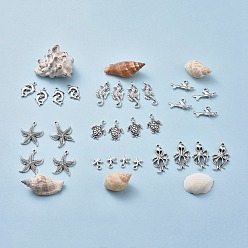 Античное Серебро Тема морского организма, Сплавочные подвески тибетского стиля, черепаха / черепаха и морской конь и морская звезда / морские звезды и форма акулы и осьминог и дельфин, античное серебро, 28 шт / комплект