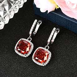 Красный 925 квадратные серьги-кольца из стерлингового серебра с кубическими цирконами, Реальная платина, красные, 30x13.5 мм