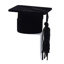 Black Velvet Ring Boxes, with Plastic and Thread, Doctor Hat, Black, 5.8x5.8x3.7cm