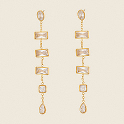 Real 18K Gold Plated 304 Stainless Steel Cubic Zirconia Stud Dangle Earrings for Women, Rectangle & Square & Teardrop, Real 18K Gold Plated, 70x9.4mm