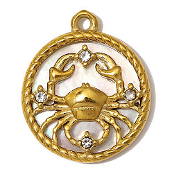 Рак 304 из нержавеющей стали Кристалл Rhinestone подвески, с оболочкой, чары созвездий, ручная полировка, ионное покрытие (ip), реальный 18 k позолоченный, рак, 19x16 мм, отверстие : 2 мм