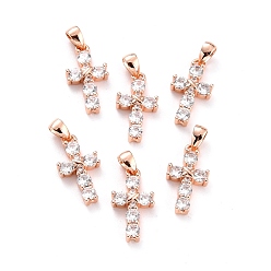Розовый Позолоченный Латунные микро проложить кубический цирконий подвеска, долговечный, крестик, Настоящее розовое золото покрыто, 16.5x9x3 мм, отверстие : 4x2.6 мм