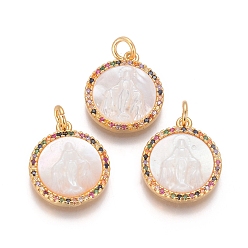 Золотой Латунные подвески, с микро проложить кубического циркония, раковины и прыжковые кольца, плоские круглые с Девой Марией, красочный, золотые, 17.5x15x3 мм, отверстие : 3 мм