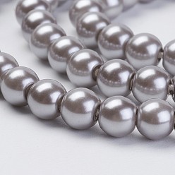 Silver Eco-Friendly Dyed Glass Pearl Beads Strands, Grade A, Round, Cotton Cord Threaded, Silver, 6mm, Hole: 1.2~1.5mm, about 70pcs/strand, 15.7 inch