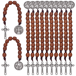 Antique Silver 12Pcs Wood Beads Hanging Decor, Saint Benedict & Cross Charm Decorative, Antique Silver, 197mm