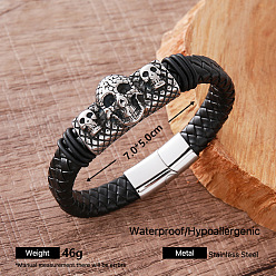 Skull Vintage 304 Stainless Steel Men's Braided PU Leather Bracelets with Metal Magnetic Clasps, Black, Antique Silver, Skull, Inner Diameter: 2.76 inch(7cm)
