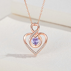 Розовое Золото 925 стерлинговое серебро паве сиреневый кубический цирконий число 8 ожерелья с подвеской в форме сердца для женщин, розовое золото , 15.75 дюйм (40 см)
