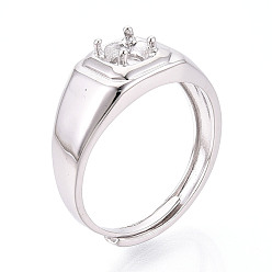 Платина Позолоченное родием 925 помолвочное кольцо-солитер из стерлингового серебра, регулируемые настройки зубчатого кольца, платина, лоток : 5.8x5.8 мм, 8.5 мм, внутренний диаметр: 18.2 мм