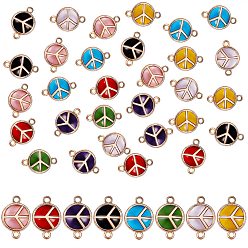 Mixed Color 32Pcs 8 Colors Glass Light Gold Plated Alloy Links Connectors, Flat Round with Peace Sign, Mixed Color, 13.5x19.5x5.5mm, Hole: 1.6mm, 4pcs/color, 32pcs/box