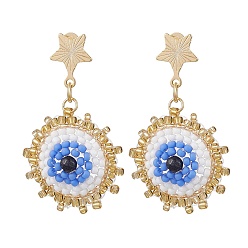 Золотой Синтетические синие золотые ушные шпильки, со стеклянными бусинами и 201 фурнитурой для сережек-гвоздиков из нержавеющей стали, глаз со звездой, золотые, 44x26 мм