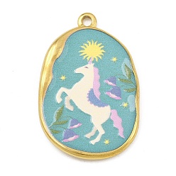 Бирюза Печатные 304 подвески из нержавеющей стали, овальные с лошадью, вакуумное покрытие pvd, реальный 18 k позолоченный, бирюзовые, 33.5x22x3 мм, отверстие : 2 мм