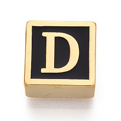Letter D 304 Квадратные распорные планки из нержавеющей стали с черным эмалевым покрытием, 2-луночное, ионное покрытие (ip), реальный 18 k позолоченный, Буква D, 12x12x6 мм, отверстие : 4.5 мм
