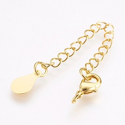 Real 18K Gold Plated Brass Chain Extender, with Lobster Claw Clasps, Cadmium Free & Nickel Free & Lead Free, Long-Lasting Plated, teardrop, Real 18K Gold Plated, 70~75x3mm, Hole: 2.5mm, Clasps: 10x6x3mm