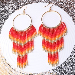 Красный Серьги-кольца с кисточками из сплава стеклянных бусин, золотые, красные, 125x50 мм