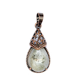 Лабрадорита Ретро полые подвески из натурального лабрадорита, подвески в форме капли с металлической фурнитурой из красной меди, 31x15 мм