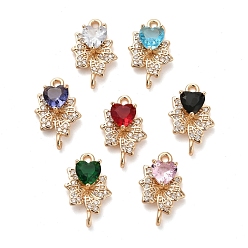 Light Gold Подвески-соединители в виде стеклянных сердец, звенья из латуни с прозрачным кубическим цирконием, без кадмия, без никеля и без свинца, разноцветные, золотой свет, 17.5x11x4 мм, отверстия : 1.4 mm и 1.5 мм