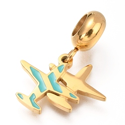 Средний Бирюзовый Ионное покрытие (ip) 304 подвески из нержавеющей стали в европейском стиле, с эмалью, Подвески с большими отверстиями, самолет, золотые, средне бирюзовый, 22 мм, отверстие : 4.5 мм, Кулон : 12x17x1.3 мм