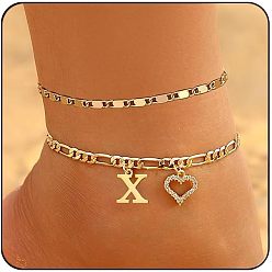 Letter X Двухслойные браслеты для щиколотки с латунными кристаллами и стразами в форме сердца, золотые, Письмо X, 7-7/8 дюйм (200 мм), 2 шт / комплект