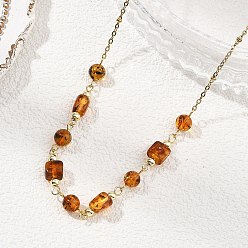 Янтарный Ожерелье из круглых кубических бусин из натурального янтаря, звенья цепочки., с 304 кабельной цепью из нержавеющей стали, золотые, 15.83 дюйм (40.2 см)