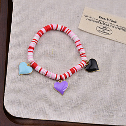 Разноцветный Браслеты с подвесками из цинкового сплава с эмалью ко Дню святого Валентина, Браслеты из полимерной глины, бусины хейши, эластичные для женщин, сердце, красочный, внутренний диаметр: 2.72 дюйм (6.9 см)