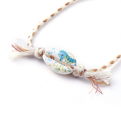 Sea Horse Adjustable Braided Bead Bracelets, with Printed Cowrie Shell Beads and Cotton Cord, Sea Horse Pattern, Inner Diameter: 3/4 inch~3 inch(2.1~7.8cm)