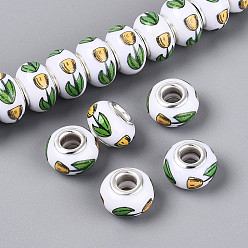 Цветок Непрозрачная смола европейский бисер, RONDELLE большие шарики отверстия, с латунными сердечниками с серебряным покрытием, зелёные, цветок, 13.5~14x9 мм, отверстие : 5 мм