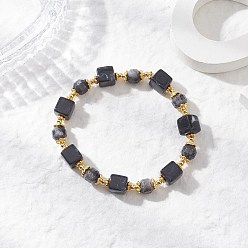 Larvikite Натуральные бусины ларвикита эластичные браслеты для мужчин и женщин, кубические, с бусинами из сплава и латуни, внутренний диаметр: 2-3/8 дюйм (5.95 см)